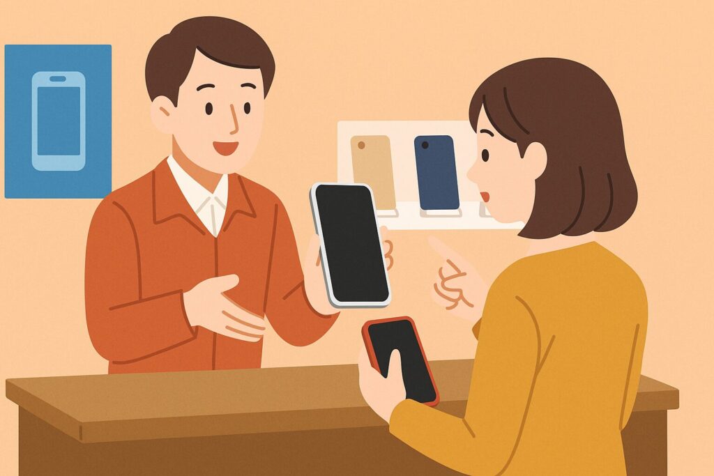 スマホを携帯ショップで選んでいる様子